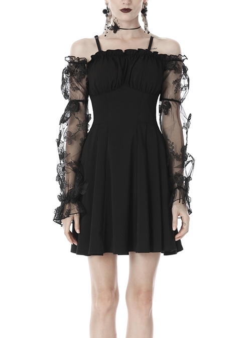 Off-Shoulder Butterfly Lace Long Sleeves High Waisted Black Sexy Gothic Dress