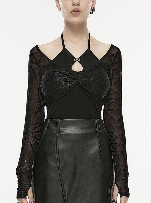Black Knit Adjustable Halter Neck Hollow Spider Web Two-Piece Set Punk Style Vest And T-Shirt