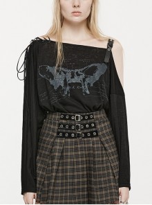 Loose Black Textured Faux-Leather Straps And Metal String Punk Print Long-Sleeved T-Shirt
