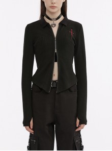 Slim Lapel Knit Black Zip-Up Cross Sword Gothic Embroidered Jacket