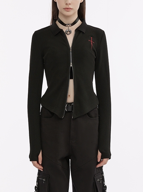 Slim Lapel Knit Black Zip-Up Cross Sword Gothic Embroidered Jacket
