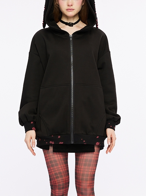 Black Loose Long Rabbit Hat Back Letter Print Gothic Mid-Length Coat