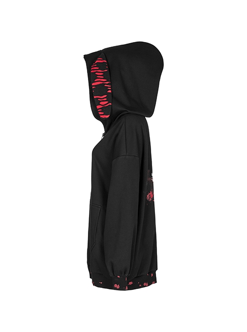 Black Loose Long Rabbit Hat Back Letter Print Gothic Mid-Length Coat