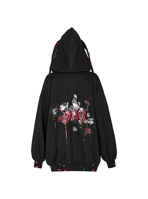 Black Loose Long Rabbit Hat Back Letter Print Gothic Mid-Length Coat