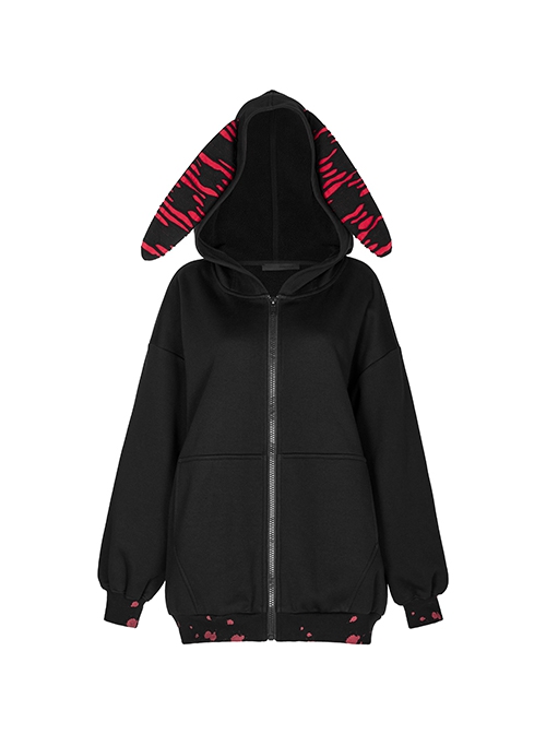Black Loose Long Rabbit Hat Back Letter Print Gothic Mid-Length Coat