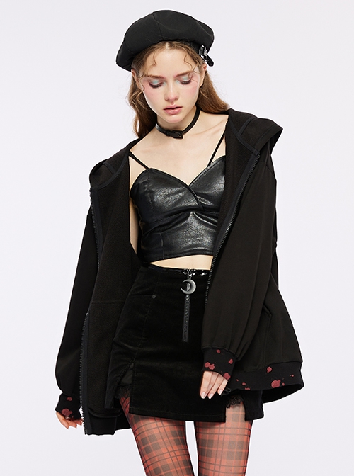 Black Loose Long Rabbit Hat Back Letter Print Gothic Mid-Length Coat