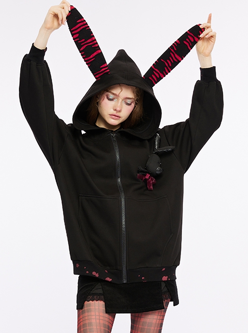 Black Loose Long Rabbit Hat Back Letter Print Gothic Mid-Length Coat