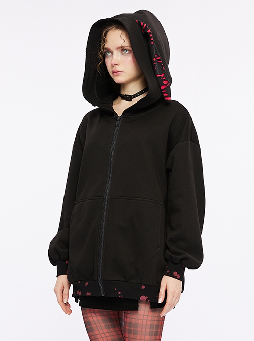 Black Loose Long Rabbit Hat Back Letter Print Gothic Mid-Length Coat
