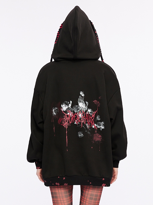 Black Loose Long Rabbit Hat Back Letter Print Gothic Mid-Length Coat