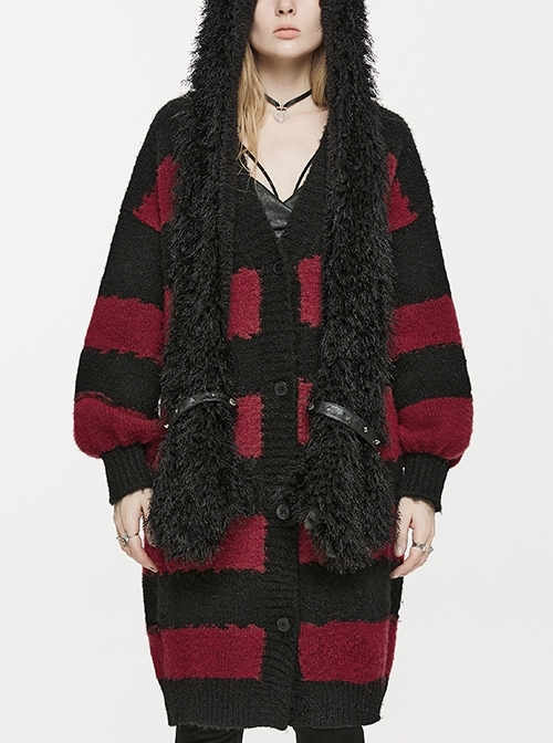 Loose Long Black And Red Wide Striped Woven Punk Style Varsity Jacket