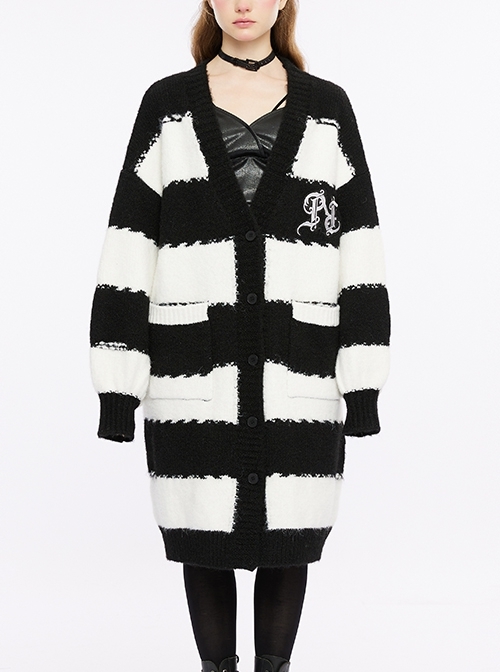 Loose Long Black And Red Wide Striped Woven Punk Style Varsity Jacket