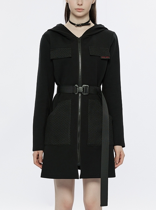 Micro Elastic Black Hooded Functional Buckle Belt Punk Style Dark Dress