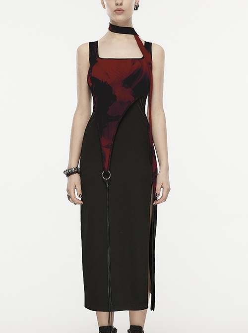 Slim Black And Red Cheongsam U-Shaped Wide-Shoulder Neckline Punk Style Irregular Bell Sleeve Dress