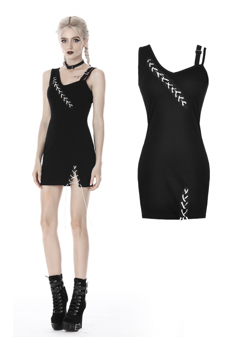 Black Suture Asymmetrical Tight Sling Punk Dress
