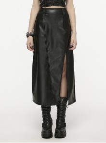 Black Sheepskin Pattern Skin-Friendly Elastic High Waist Punk Style Slit Skirt