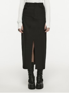 Micro-Elastic Quick-Drying Black V-Shaped Split Metal Skull Buckle Punk Style Slit Skirt
