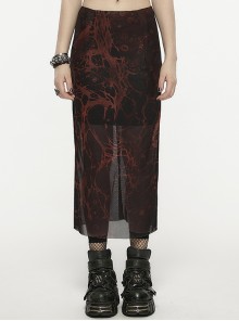 Black And Red Hip-Packed Straight Irregular Lava Print Punk Style Screen Skirt