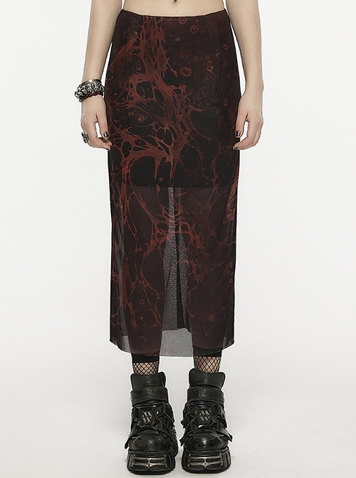 Black And Red Hip-Packed Straight Irregular Lava Print Punk Style Screen Skirt