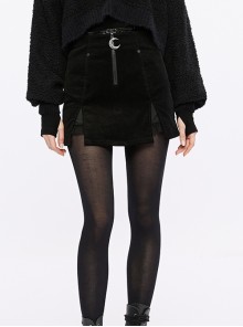 Micro Stretch Black Woven Side Slit Lace Crescent Pendant Zippered Punk Skirt