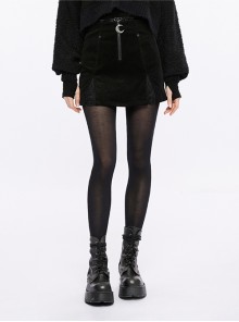 Micro Stretch Black Woven Side Slit Lace Crescent Pendant Zippered Punk Skirt
