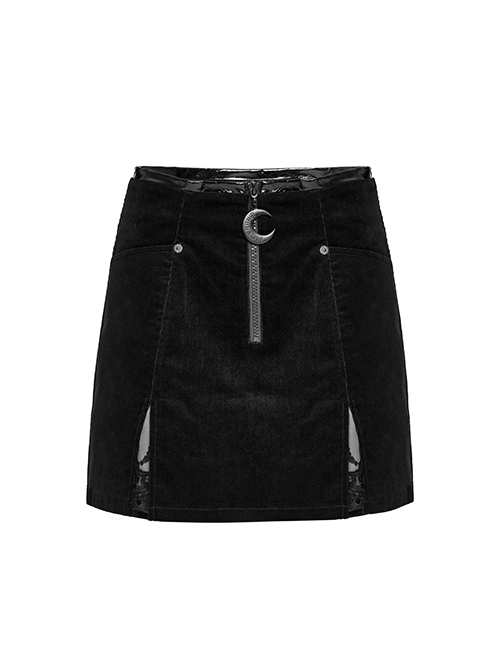 Micro Stretch Black Woven Side Slit Lace Crescent Pendant Zippered Punk Skirt