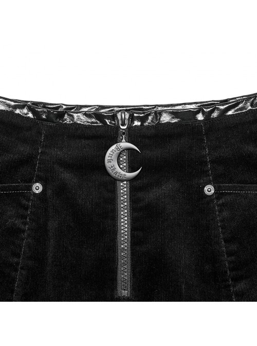 Micro Stretch Black Woven Side Slit Lace Crescent Pendant Zippered Punk Skirt