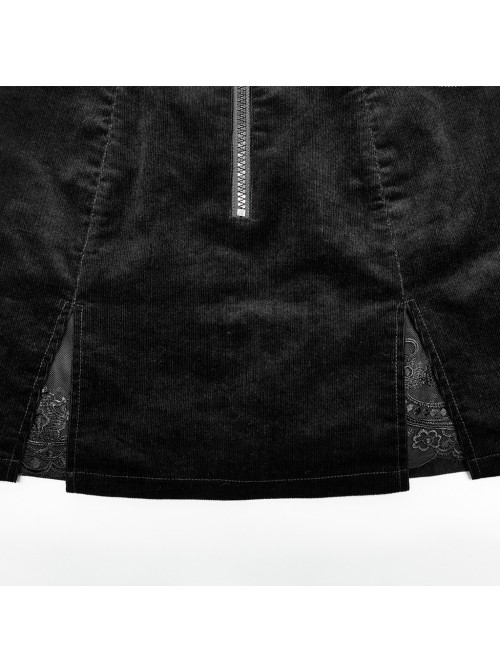 Micro Stretch Black Woven Side Slit Lace Crescent Pendant Zippered Punk Skirt