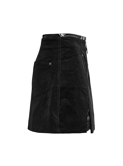 Micro Stretch Black Woven Side Slit Lace Crescent Pendant Zippered Punk Skirt