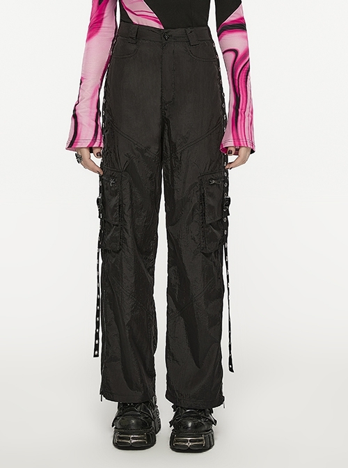 Black Loose Straight Side Eyelet Webbing Metal Buckle Zipper Punk Cargo Pants