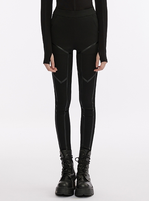 Stretch Skinny Technical Black Split Faux Leather Thread Punk Paneled Leggings