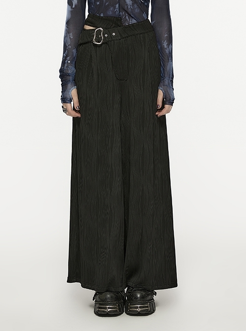 Stretch Black Loose Waist Asymmetrical Punk Style Wide-Leg Pants
