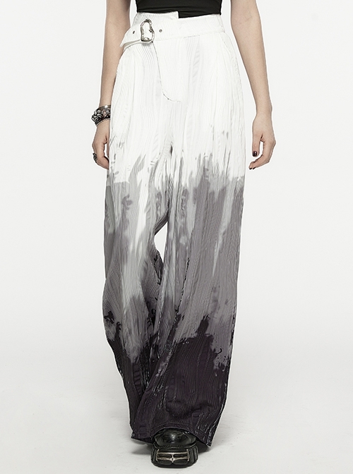 Stretch Muscle Black And Gray Gradient Loose Waist Asymmetrical Punk Style Wide-Leg Pants
