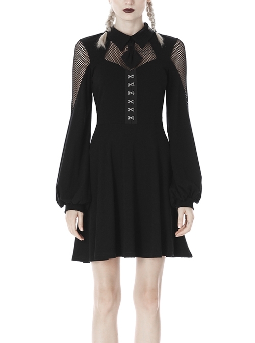 Fishnet Long Sleeves Button High Waisted Black Daily Punk Dress