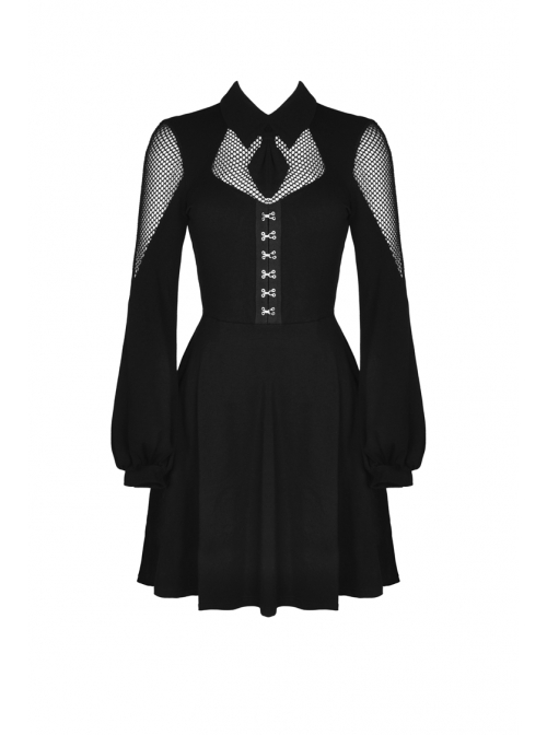 Fishnet Long Sleeves Button High Waisted Black Daily Punk Dress