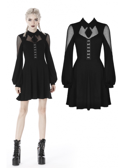 Fishnet Long Sleeves Button High Waisted Black Daily Punk Dress