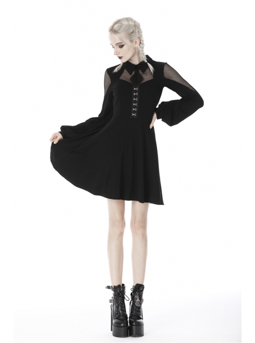 Fishnet Long Sleeves Button High Waisted Black Daily Punk Dress