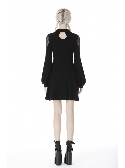Fishnet Long Sleeves Button High Waisted Black Daily Punk Dress