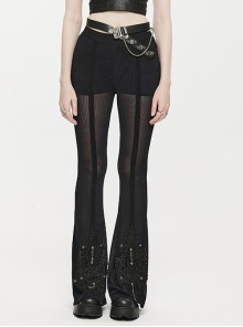 Sheer Black Stretch Lace Web Trim Eyelet Chain Gothic Flared Pants