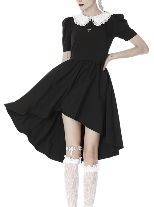 Black Lolita White Collar Cross Short Sleeves Rear Long Hem Gothic Dress