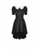 Black Lolita White Collar Cross Short Sleeves Rear Long Hem Gothic Dress