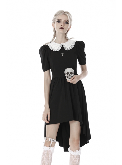 Black Lolita White Collar Cross Short Sleeves Rear Long Hem Gothic Dress