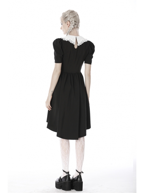 Black Lolita White Collar Cross Short Sleeves Rear Long Hem Gothic Dress