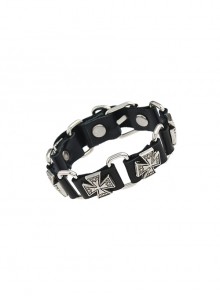 Fashion Leather Link Metal Ring Cross Pattern Punk Style Men's Bracelet