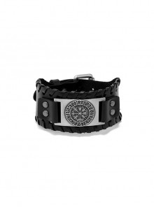 Black Pirate Vintage Woven Compass Pattern Men's Leather Bracelet