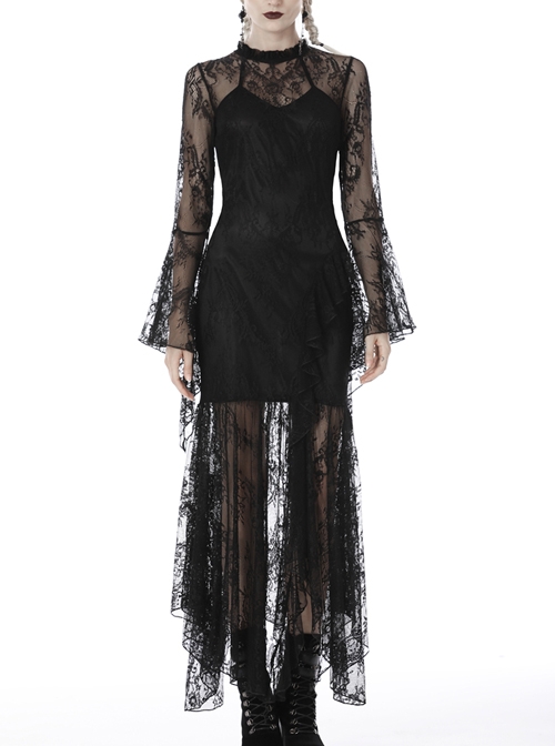 Lace Long Sleeves High Waisted Asymmetrical Hem Long Black Gothic Dress