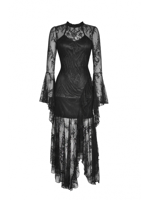 Lace Long Sleeves High Waisted Asymmetrical Hem Long Black Gothic Dress