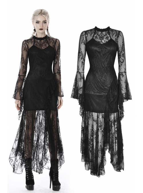 Lace Long Sleeves High Waisted Asymmetrical Hem Long Black Gothic Dress