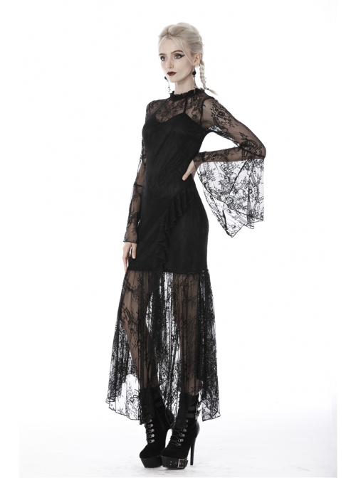 Lace Long Sleeves High Waisted Asymmetrical Hem Long Black Gothic Dress