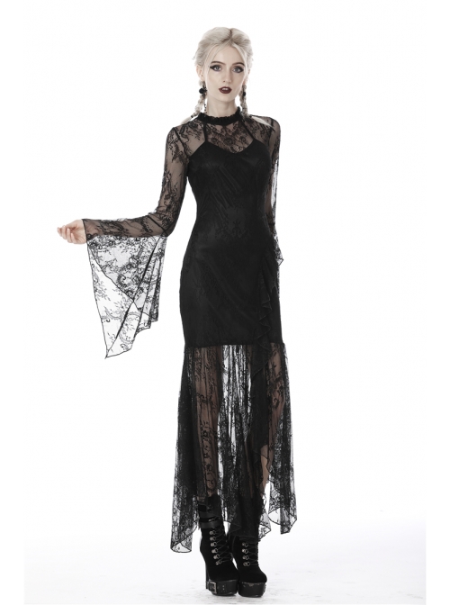 Lace Long Sleeves High Waisted Asymmetrical Hem Long Black Gothic Dress