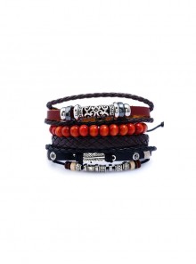 Black Brown Vintage Braided Beaded Rope Unisex Four-Piece Leather Bracelets